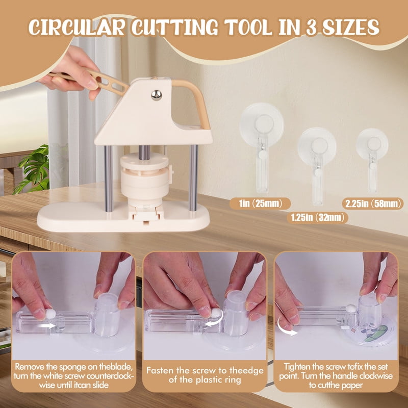 Button Maker Machine, 1''+1.25''+2.25'' (25/32/58mm) 3-in-1 Pin Maker Machine Kit, Installation-Free DIY Badge Machine with 300pcs Button Parts