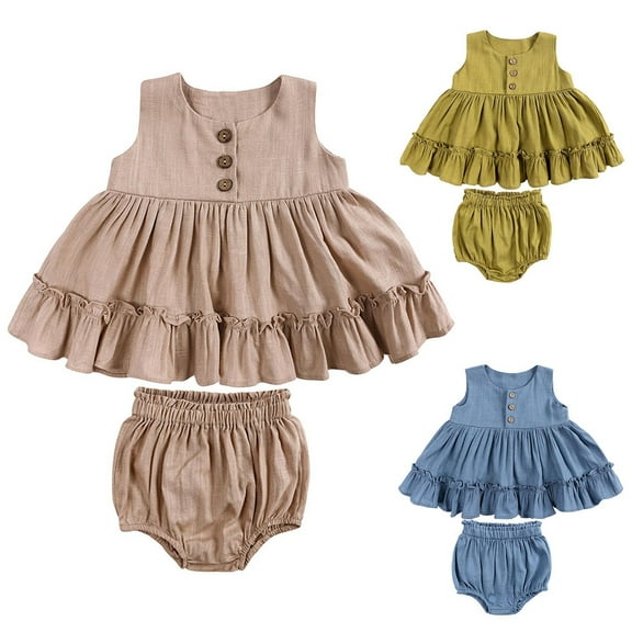 Miluxas Baby Girls Cotton Sleeveless Ruffles Dress Shirt Bloomer Shorts Clothing Sets 2pcs Summer Outfits Khaki 12 Months
