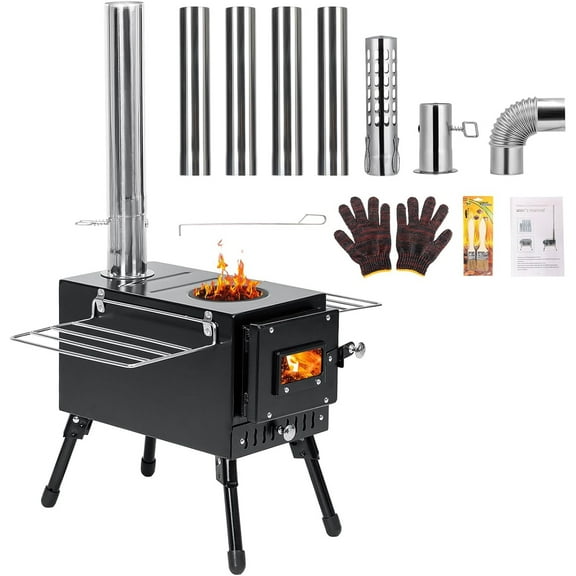 Wood Stove, Hot Tent Stove with 7-Section Stainless Steel Chimney, HeatControl Stovepipe and Elbow Pipe, Wood Burning for Outdoor Camping and Ice Fishing
