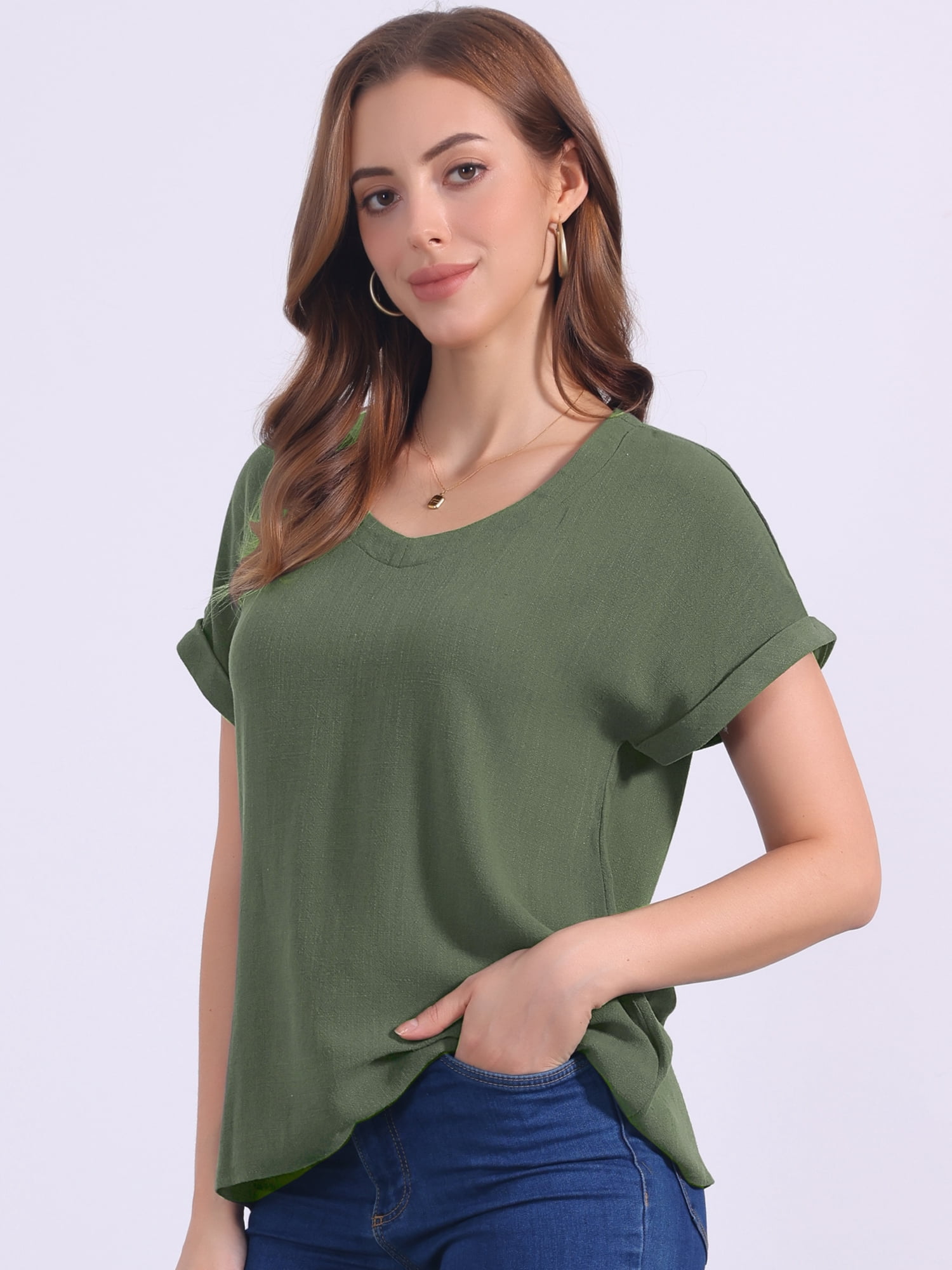 DARING DIVA Women's Linen Shirts Short Sleeve V Neck Blouse XL Army Green