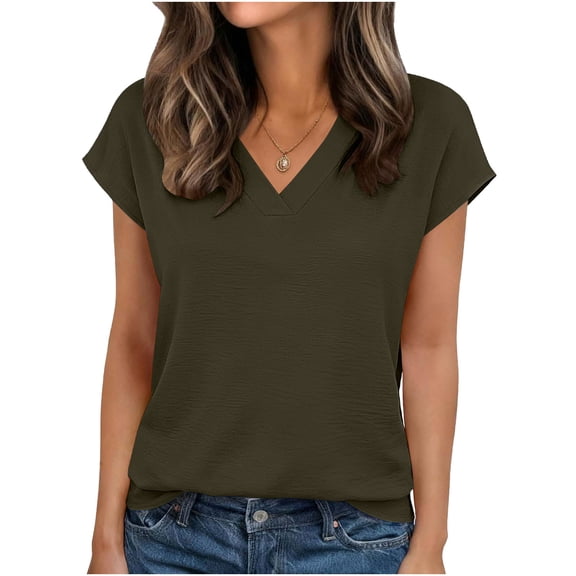 Olyvenn Women's Slim Fit V-Neck Tee - Solid Short Sleeve Stretch Top, Flattering Casual Basic T-Shirt for Spring Summer Outfits Army Green XXL