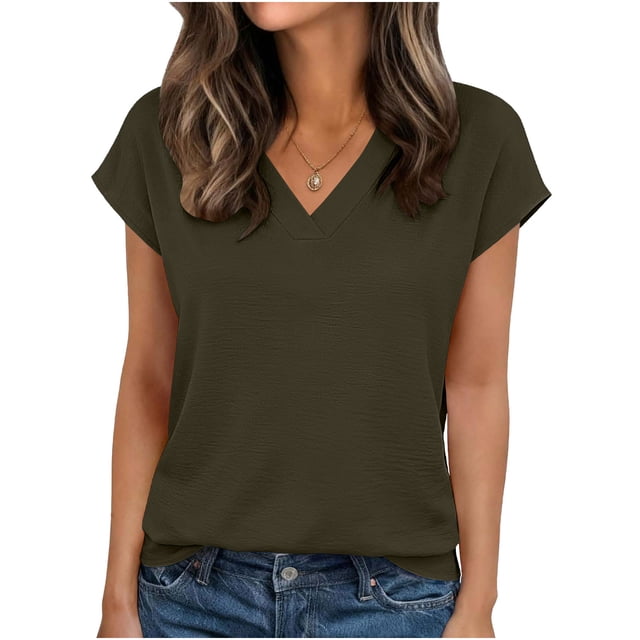 Blouse Texturée à Manches Cap, Col en V, pour Femme, Printemps Été, Chic Décontractée, Bureau Travail, Hauts pour Quotidien Fête Vacances, Vert Armée, G
