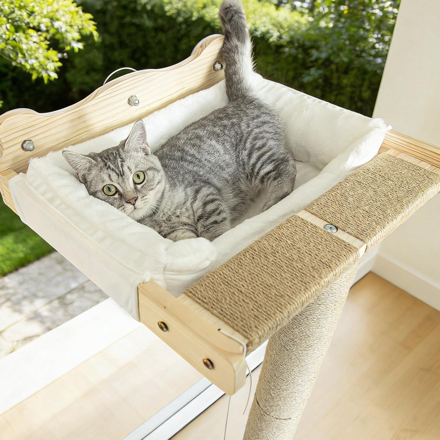 Cat Window Perch Hammock with 3-Piece Detachable Sisal Scratching Posts, Gray Fluffy Cusion, Drill-Free Suction Cup Mount, Multi-Level Climbing Perch for Bird Watching, 45 LBS Capacity