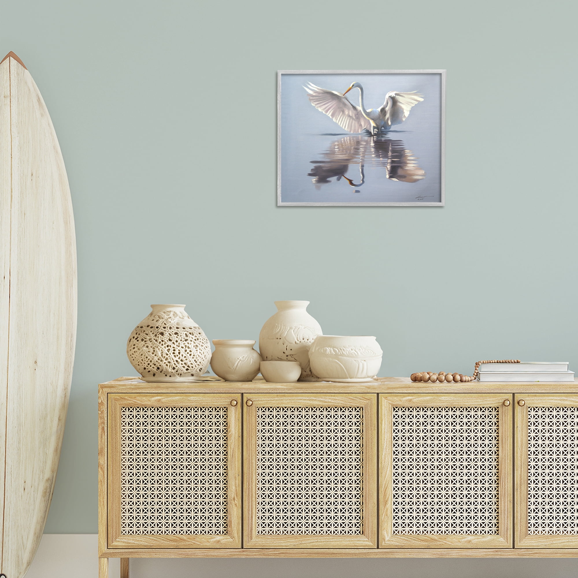 Stupell Industries Egret with Beautiful Wingspan Animals & Insects Painting Gray Framed Art Print Wall Art, 20 x 16