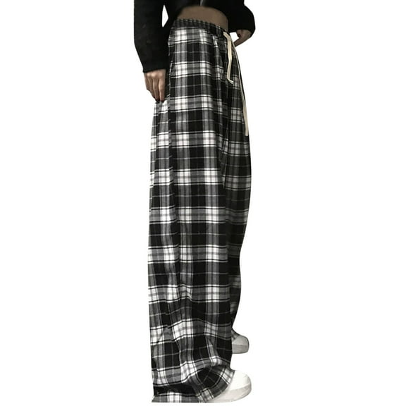 VNKIDY Women's Casual Pants Plaid Pattern Wide Leg Pants Drawstring Waist Comfortable Fabric Trousers For Casual Daily Outdoor Leisure Activities Stylish Trousers
