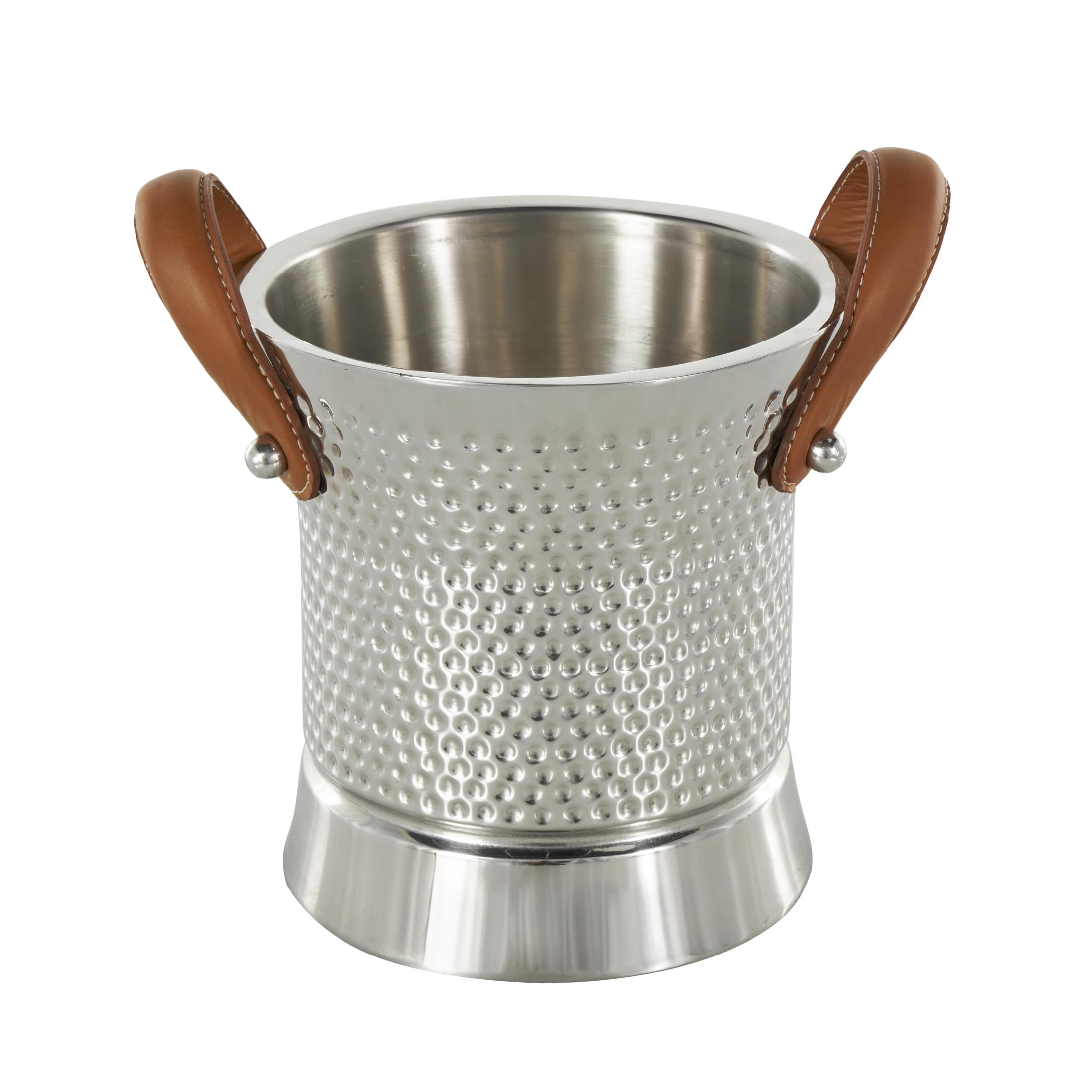 DecMode Round Stainless Steel Metal Hammered Silver Ice Bucket with Brown Leather Handles