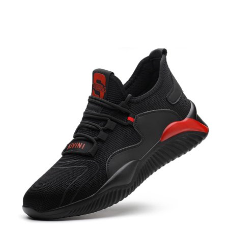 

Drecage Men Women Steel Toe Shoes Slip-On Lightweight Soft Work Shoes Breathable Air Cushion Non-Slip Safety Sneakers Black Red 44