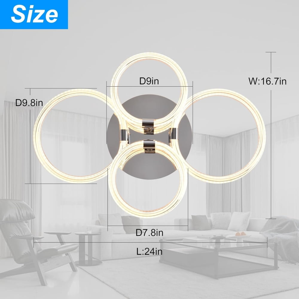 IVV Modern LED Flush Mount Ceiling Light with Dimmable Remote Control, 4 Rings Lighting Fixture Ceiling Lamp for Kitchen, Living Room, Bedroom, Laundry Room, 3000K-6500K, CRI 90+ (Silver)