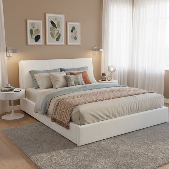 Christopher Knight Home Minimalist King Upholstered Bed Frame with Ergonomic Headboard, White
