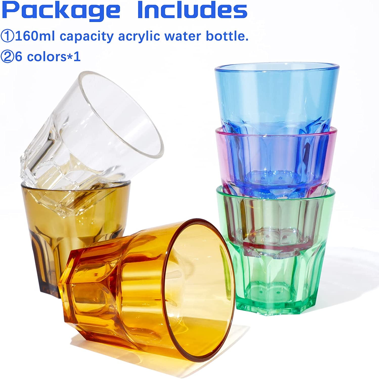 Colored Acrylic Glasses Drinkware, Unbreakable Glasses Drinking Set of 6, Plastic Cups Reusable, Dishwasher Safe, Small Water Tumbler Cups for Kids Picnic Christmas Gift Party Juice Whiskey Wine