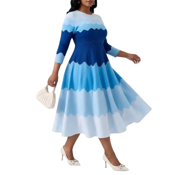 Bouncy Dresses for Women Church Elegance Pearl Midi Dress, 3/4 Sleeve Flowy A-Line, High Stretch One Size