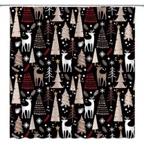 Christmas Shower Curtain Pine Tree Deer Reindeer Snowflake Winter Holiday Xmas Festival Wildlife Beige Black Small Stall Bathroom Home Curtain with Hooks,36x70 Inch