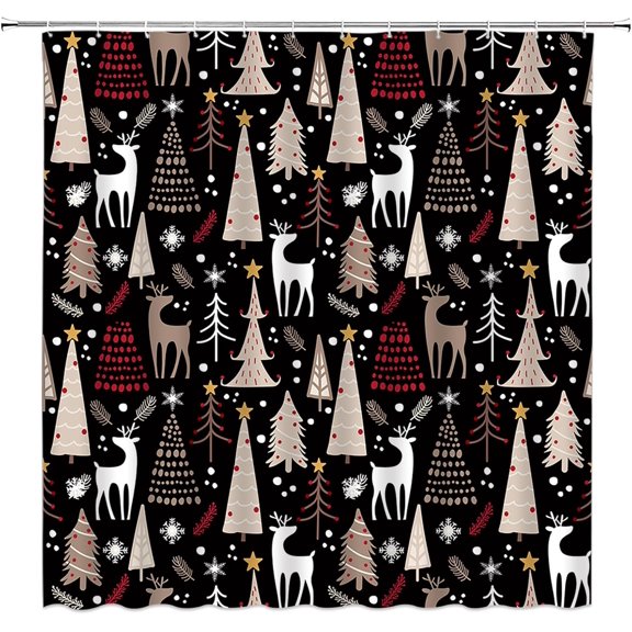 Christmas Shower Curtain Pine Tree Deer Reindeer Snowflake Winter Holiday Xmas Festival Wildlife Beige Black Small Stall Bathroom Home Curtain with Hooks,36x70 Inch