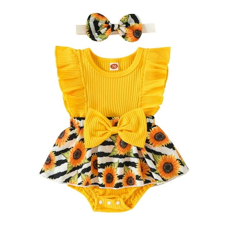 

B91xZ Toddler Girl Summer Outfits Infant Girls Sleeveless Ribbed Sunflower Floral Prints Romper Bodysuit Dress Headbands (Sizes 0-3 Months)