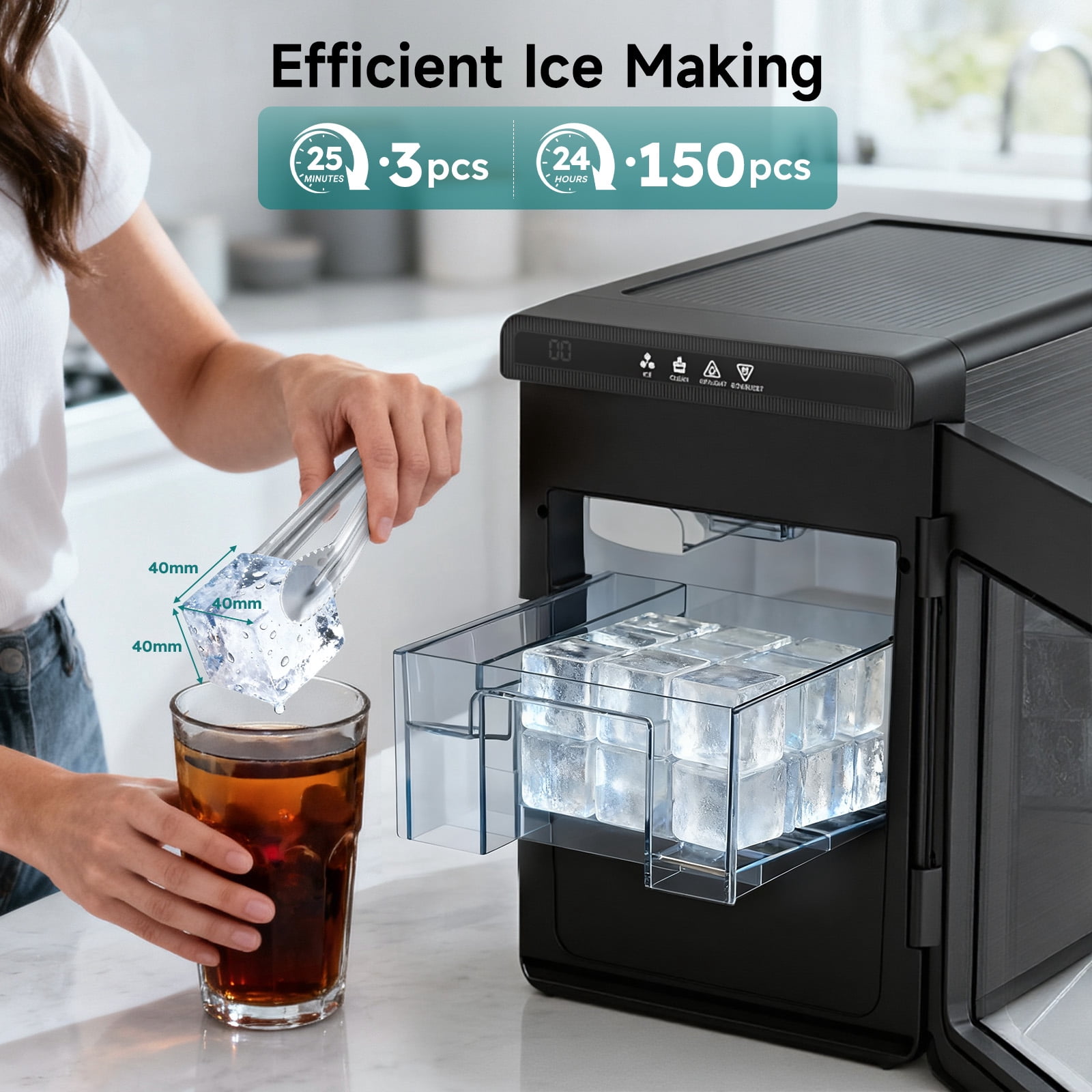 Ecojoy 1.7" Large Cube Ice Maker Countertop with 150 Pcs/Day, Nugget Ice Machine with Scoop & Basket, Self-Cleaning, Portable Ice Maker for Whiskey, Cocktails, and Iced Beverages