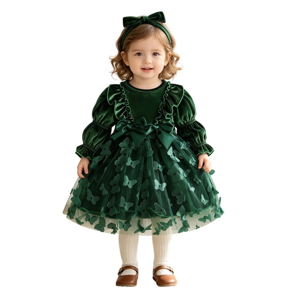 SUYIDA Girls Velvet Mesh Long Sleeve Dress, Ruffle Bow Sash with Matching Hairband, Elegant Holiday Party Wear for Kids