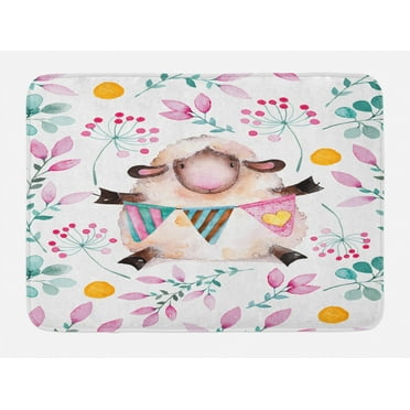 Modern Bath Mat, Watercolor Romantic Design Cartoon Like Sheep and Branches Florals Artful Print, Non-Slip Plush Mat Bathroom Kitchen Laundry Room Decor, 29.5 X 17.5 Inches, Multicolor, Ambesonne