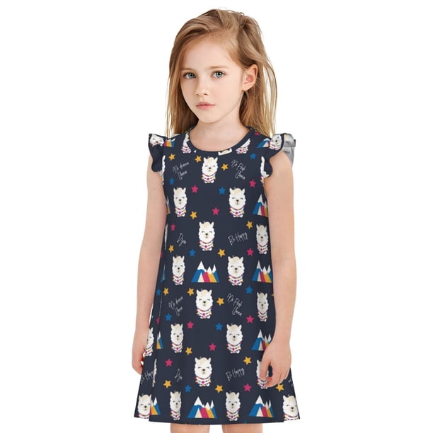 Fotbe Llamas 1 Vestido de Dormir para Niñas de 3 a 10 Años, Mangas Cortas, Estilo Princesa, Pijama Camisón con Mangas Voladas-Small