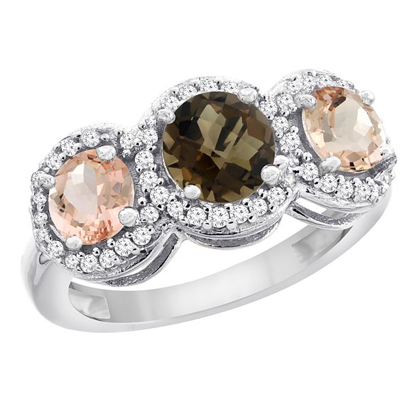 14K White Gold Natural Smoky Topaz & Morganite Sides Round 3-stone Ring Diamond Accents, size 5