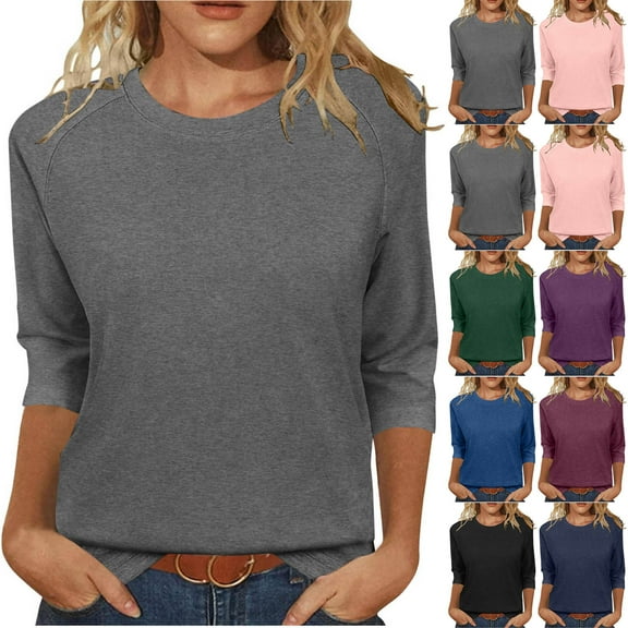 HomeDM 3/4 Length Sleeve Tops for Women Summer Crew Neck Solid Color Pullover Shirts Loose Fit Business Work Tunic Tops - Gray/L