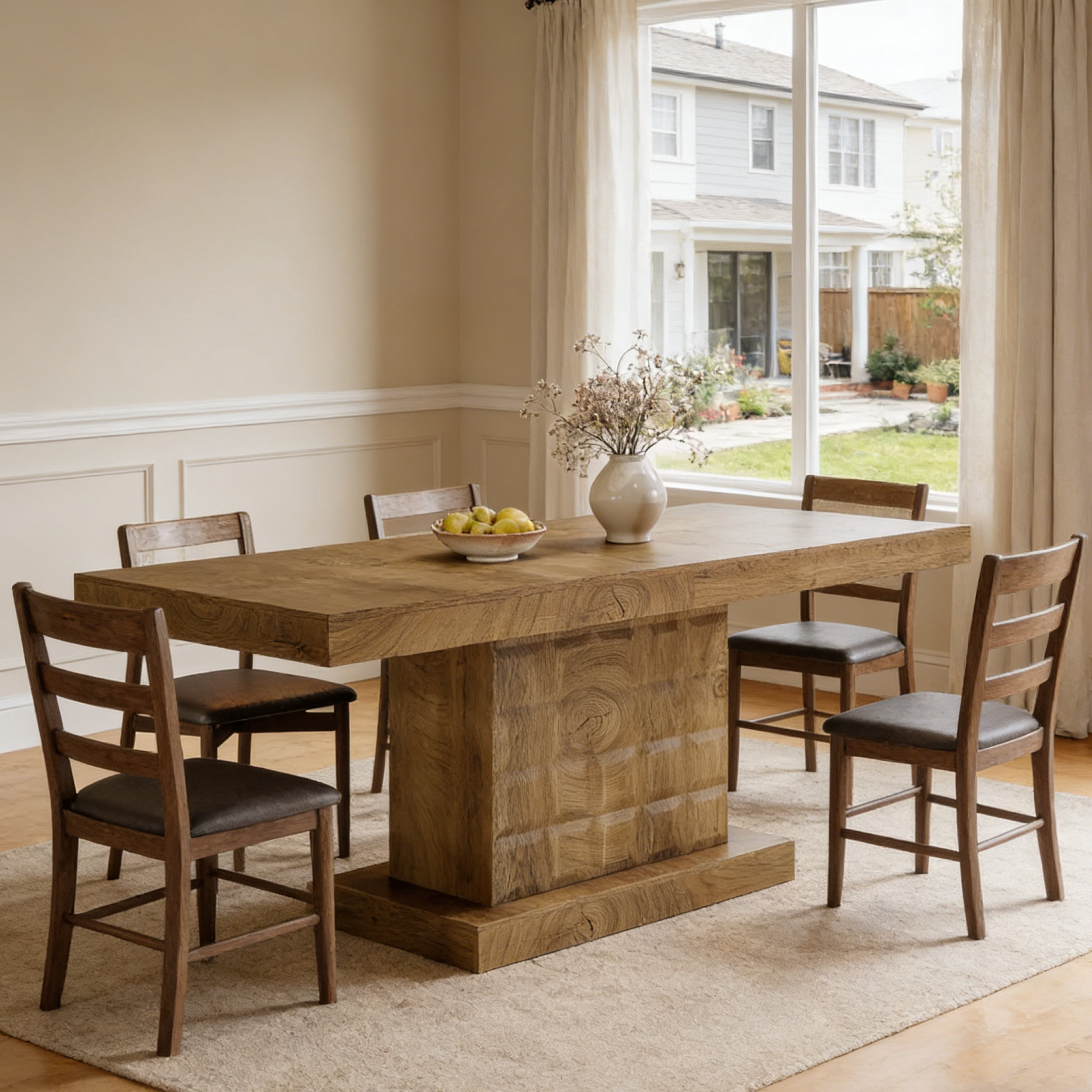Fnova 63" Farmhouse Dining Table for 4-6 People, Wooden Rectangular Kitchen Table with Geometric Relief Pedestal Base, Easy to Assemble