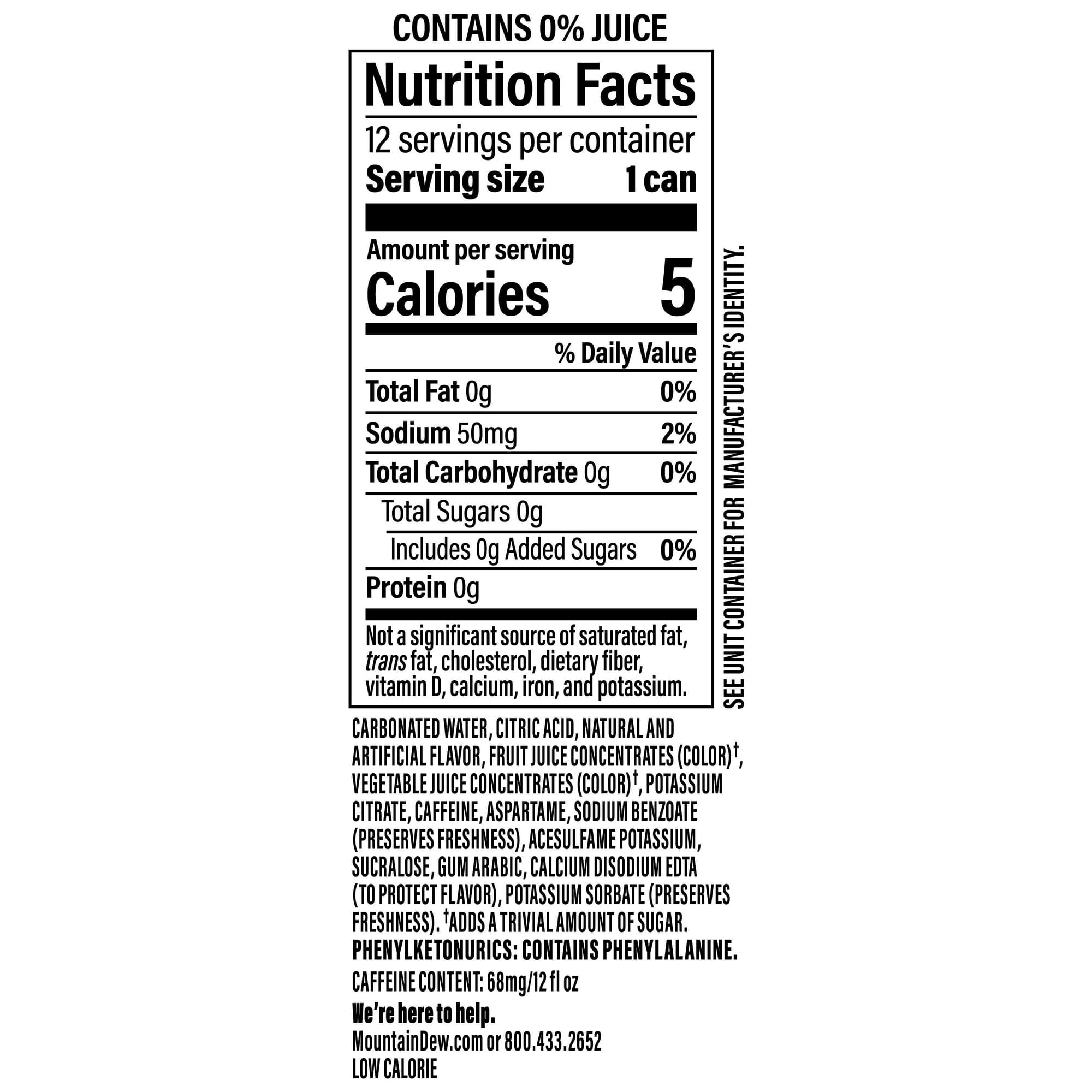 Mountain Dew Zero Sugar Baja Blast Soda with Cabo Citrus Flavor, 12 fl oz Cans, 24 Pack