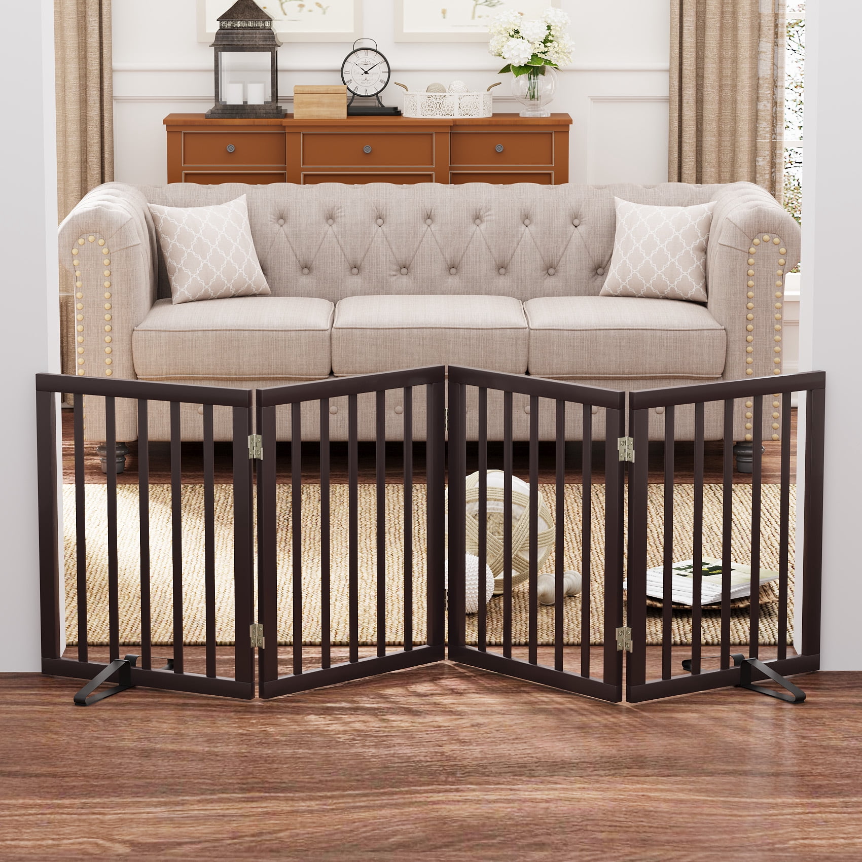 Smuxee Bamboo Freestanding Pet Gate Foldable Dog Gate with Support Feet, Brown, 4 Panel