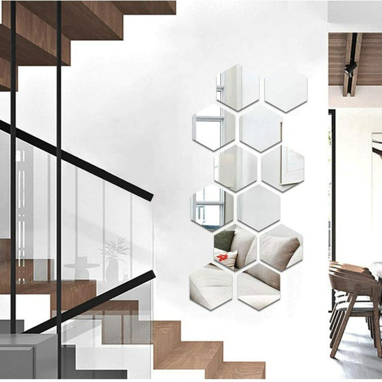 FUNCSDIK Hexagon Mirror Wall Sticker 12 Pieces Acrylic Mirror Three-dimensional Wall Stickers for Living Room Entrance Hallway Stairs Personalized