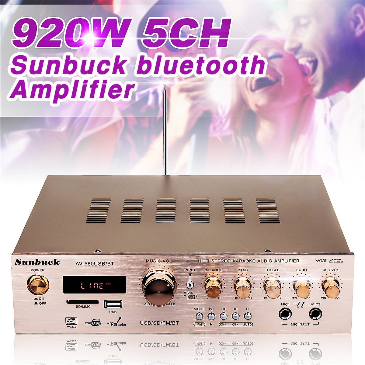 Sunbuck 1000W 220V 5CH Home bluetooth HiFi Stereo AV Surround Amplifier Karaoke System with 