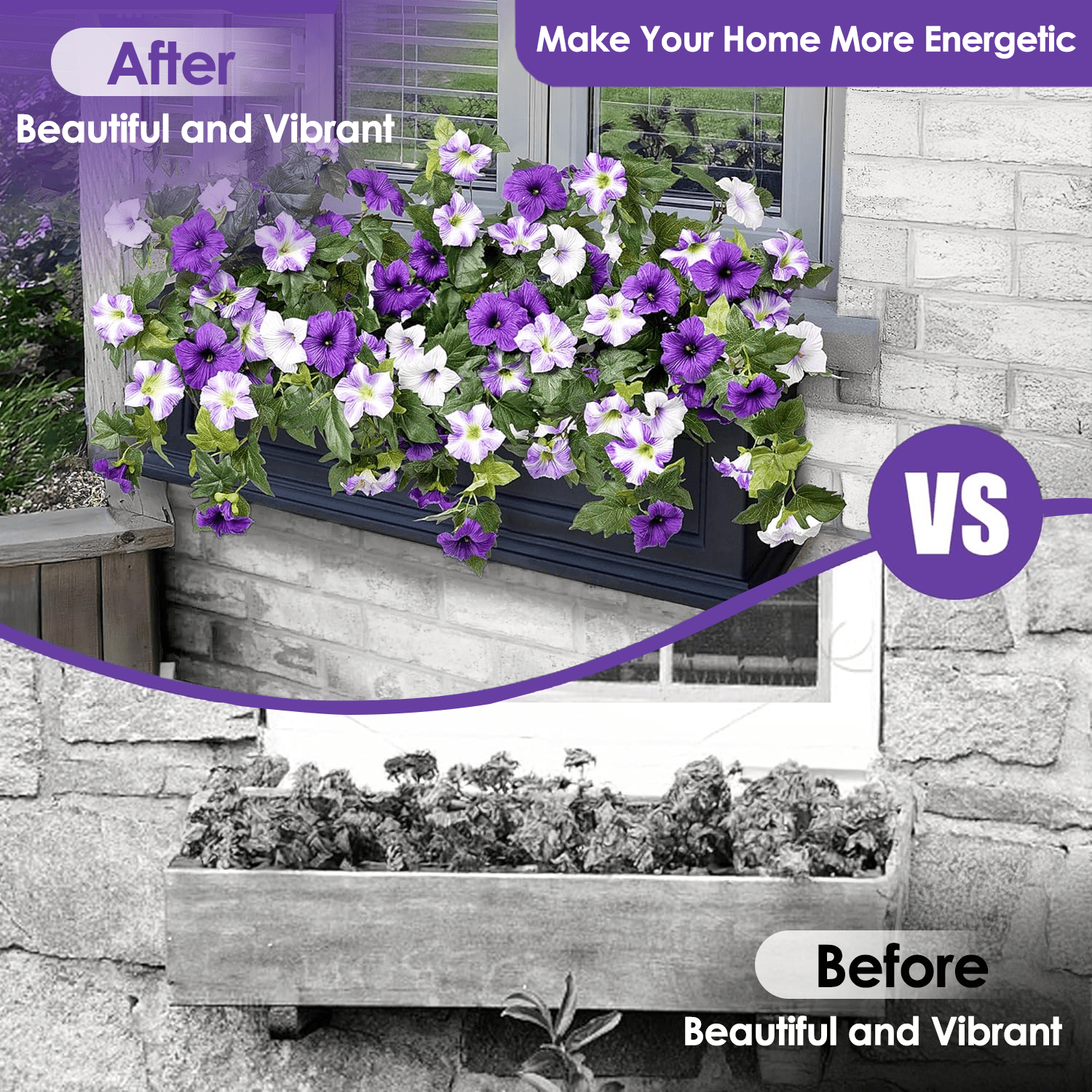 Inadays Artificial Flowers for Outdoors Faux Plants Home Decor 2PCS Spring Faux Petunias Silk Flower UV Resistant No Fade for Home Garden Balcony Yard Porch Realistic Indoor Decor, Purple