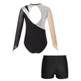 thumbnail image 2 of Hansber Girls Shiny Long Sleeve Ballet Dance Leotard Gymnastics with Sports Shorts 2Pcs Tracksuit Silver&Black 8, 2 of 7