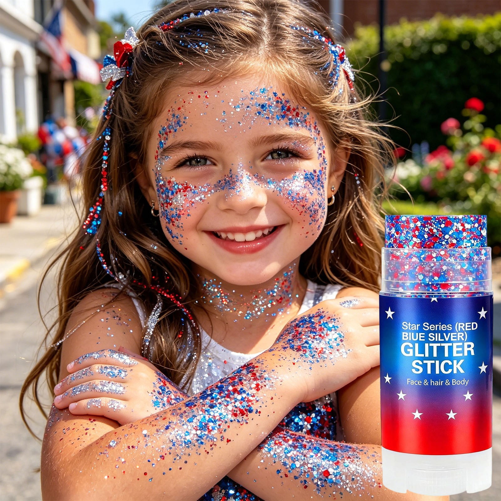 4th of July Glitter Stick, Face Body Paint Stick, Red White Blue Patriotic Star Star Face Body Glitter, Waterproof Shimmer Makeup, Independence Day Body Glitter Rave Makeup