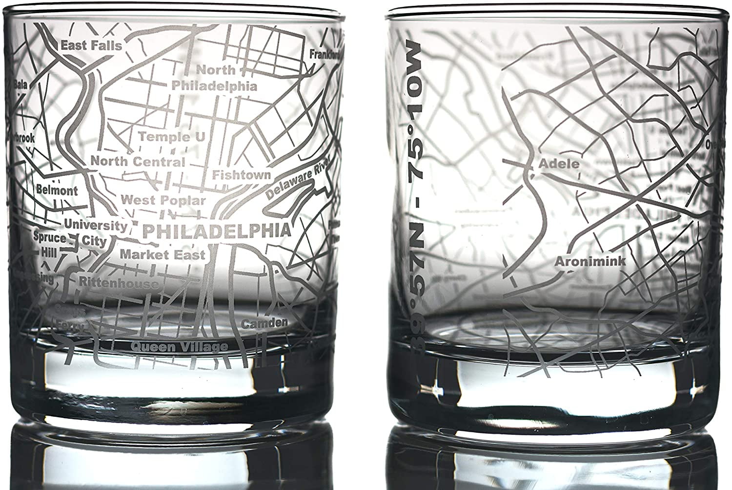 Philadelphia Map Whiskey Glasses Tumbler Gift Set | Old Fashioned Rocks ...