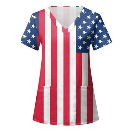 

Scrubs Top Uniform Nurses Clothing Workwear Women Independence Day Printed Daily Summer V-Neck Tops American 4th Of July Short Sleeve Workout Shirts Casual Loose Tees Leisure Clothes