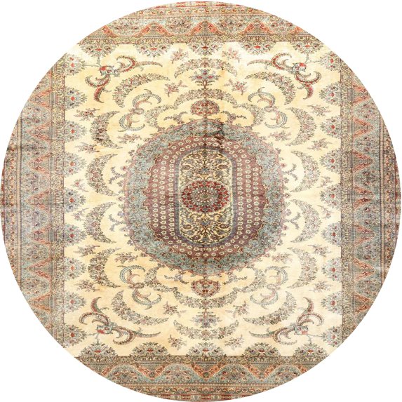 Ahgly Company Machine Washable Indoor Round Traditional Khaki Gold Area Rugs, 4' Round