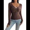 thumbnail image 3 of Camisa de Larga para Mujer, Cuello en V, Botones, Punto Acanalado, Corte Entallado, Informal, Básica, para y Otoño Marrón XL, 3 of 9