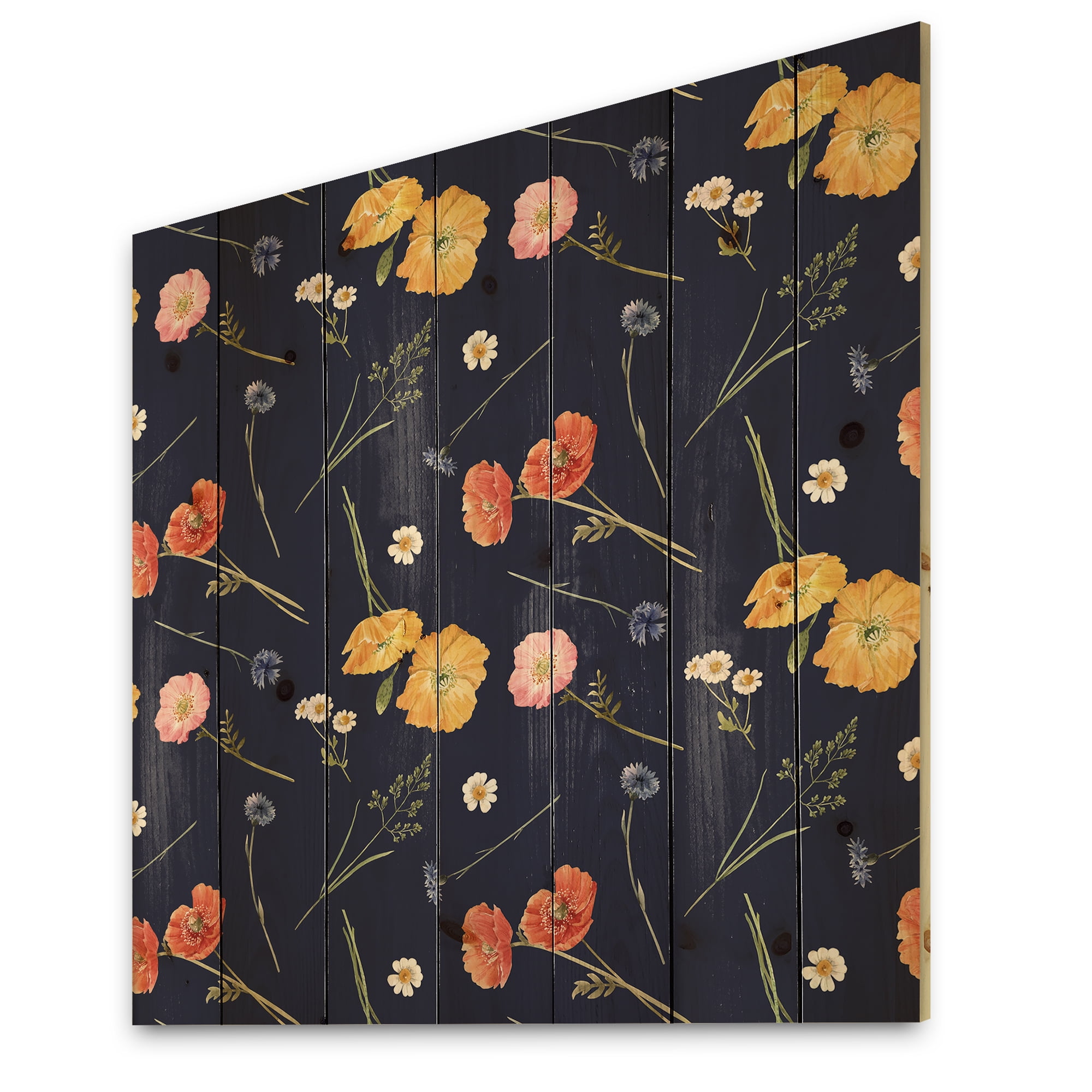 Designart 'Yellow and Orange Wild Flowers On Dark Blue' Traditional Print on Natural Pine Wood
