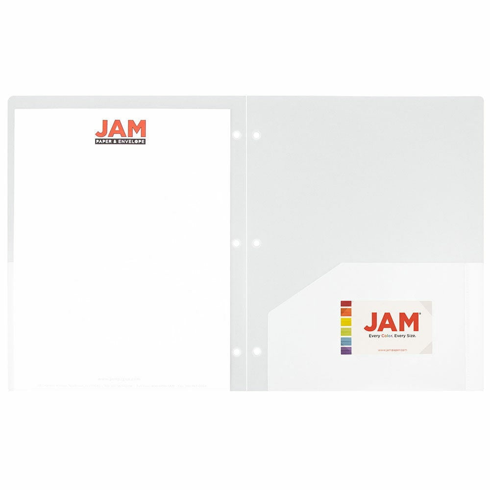JAM Paper Heavy Duty Plastic 3 Hole Punch Pocket Folders, Extra Tough, Clear, Bulk 48/Pack