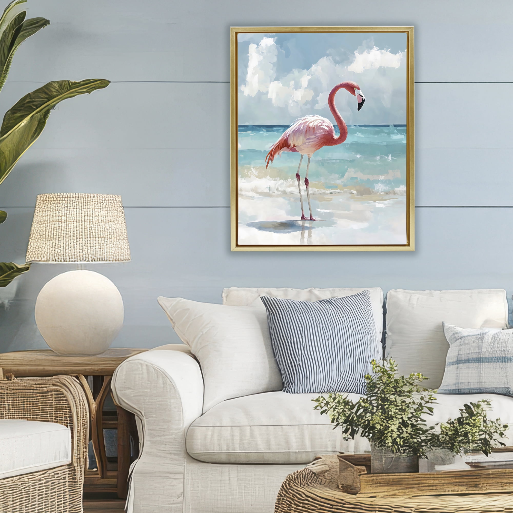 Stupell Industries Flamingo At Shore Gold Framed Floater Canvas Wall Art, design by The Prints Vibe