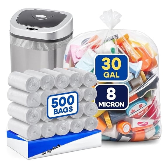 (Pack of 500) Transparent Trash Bags, Clear Trash Bags - 20-30 Gallon, 30"W x 37"L, 8 Micron - Clear Garbage Bags, High-Density Garbage Can Liners, Fits Square and Round Trash Cans