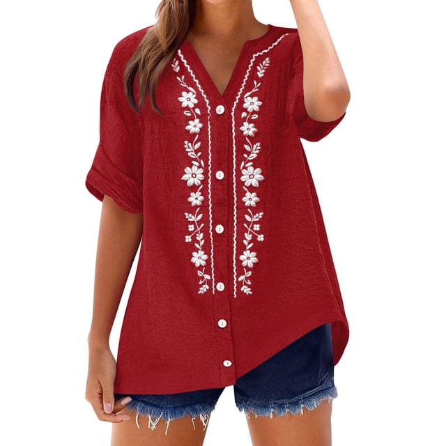 Camisetas de Cuello en V de Manga Corta para las Mujeres Casual Suelto Cuello Redondo Blusa de Verano Camisetas Cuello en V de las Mujeres