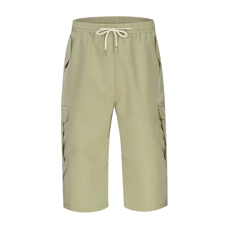 Mens Shorts 7 Inch Inseam Drawstring Capris, Multi Pocket Cargo