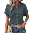 thumbnail image 6 of Duoif Shirts for Women, Womens Blouses Casual Tops Batwing Sleeve Pocket Patched Shirt Casual Work T Shirts Double Layer Wrinkled Fabric Womens Tops Casual Dark Gray XXXL, 6 of 9