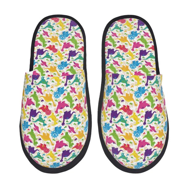 Balery Colorful Dinosaurs Pantuflas de Casa de Felpa Silenciosas con Diseño Estampado, Zapatillas Cómodas Antideslizantes de Algodón para Interior-Large