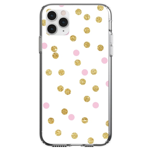 DistinctInk Clear Shockproof Hybrid Case for iPhone 13 Pro MAX (6.7" Screen) - TPU Bumper, Acrylic Back, Tempered Glass Screen Protector - Pink & Gold Print - White / Pink / Gold Dots Pattern