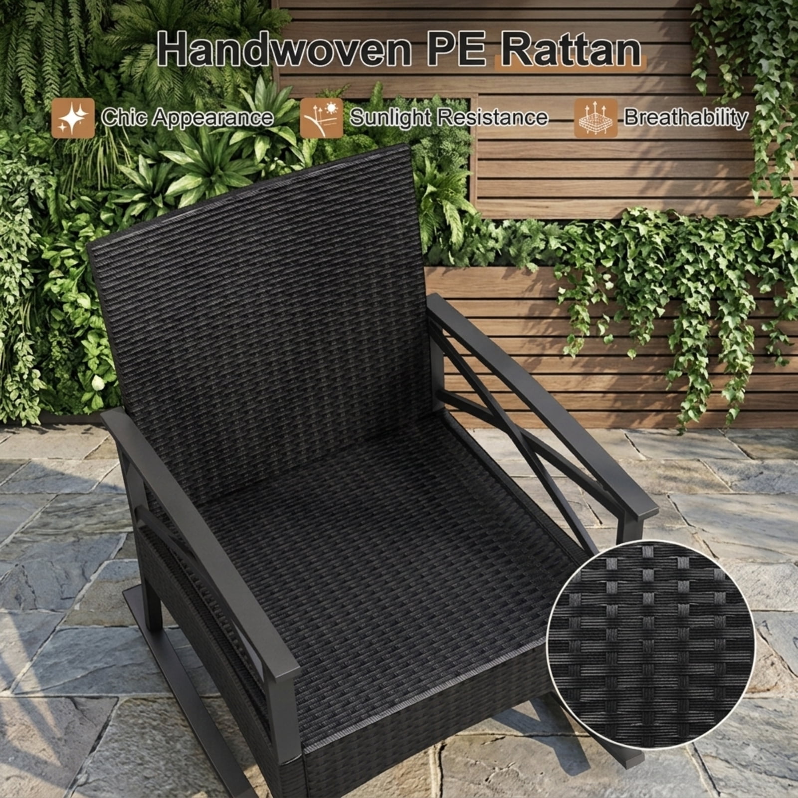 Furnibear 3-Piece Outdoor Rocking Chair Set with Side Table, 2 Wicker Rocking Chairs, Navy Cushions, 400 lbs Capacity, Patio Garden Backyard