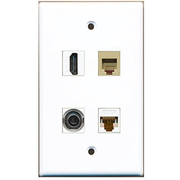 RiteAV - 1 Port HDMI 1 Port Phone RJ11 RJ12 Beige 1 Port 3.5mm 1 Port Cat6 Ethernet White Wall Plate