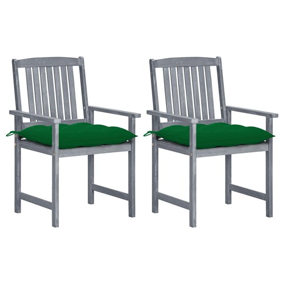 Sillas de patio VidaXL de madera maciza de acacia gris con cojín verde