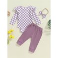 thumbnail image 4 of Musuos Baby Girl Fall Outfits 3M 6M 9M 12M 18M Checkerboard Print Long Sleeve Romper Solid Color Long Pants Headband 3Pcs Clothes Set, 4 of 9