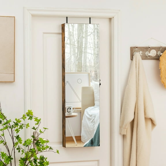 Gymax Brown Mirrored Wall & Door Mounted Jewelry Storage Cabinet Organizer W/ Lights & Drawer Rustic